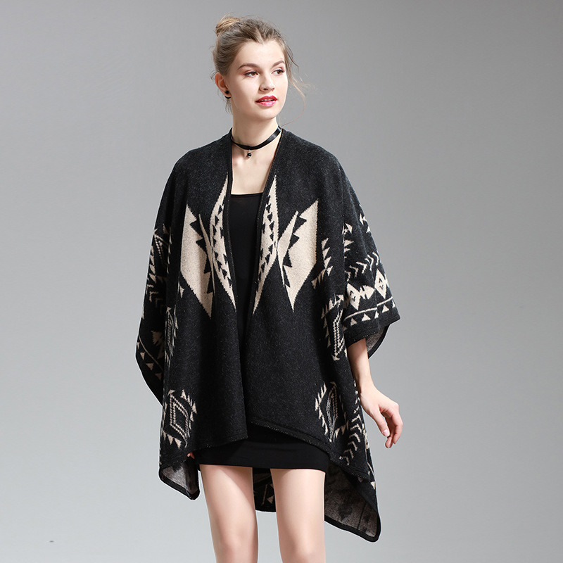 Womens Cashmere Feel Diamond Geometry Printing Cape Stole Poncho Shawl (SP294)