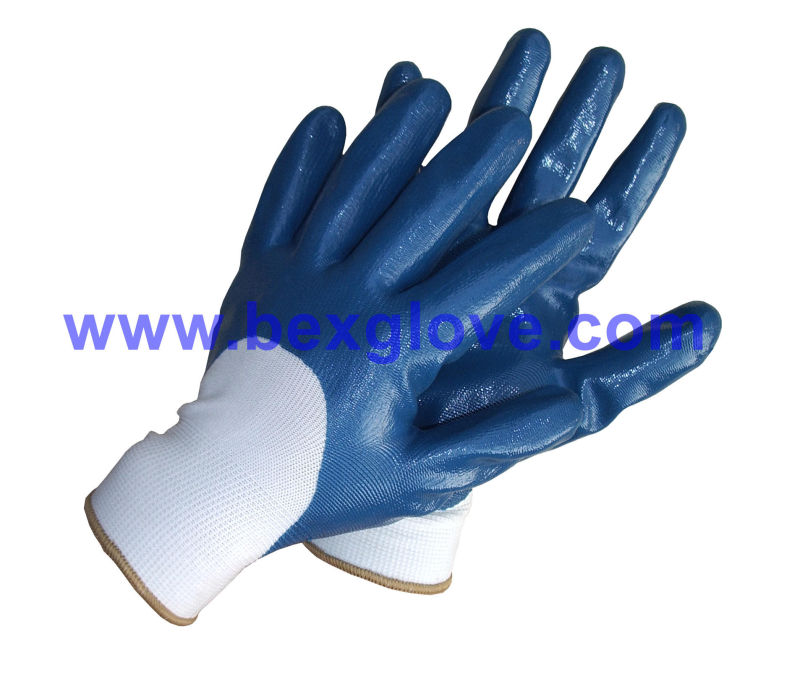 13 Gauge Polyester Liner, Nitrile Coating, 3/4, Smooth Finish Safety Gloves