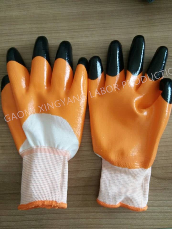 13G Polyester Shell, Orange Nitrile 3/4 Coated, Black Nitrile Finger Reinforced Safety Work Gloves (N7010)