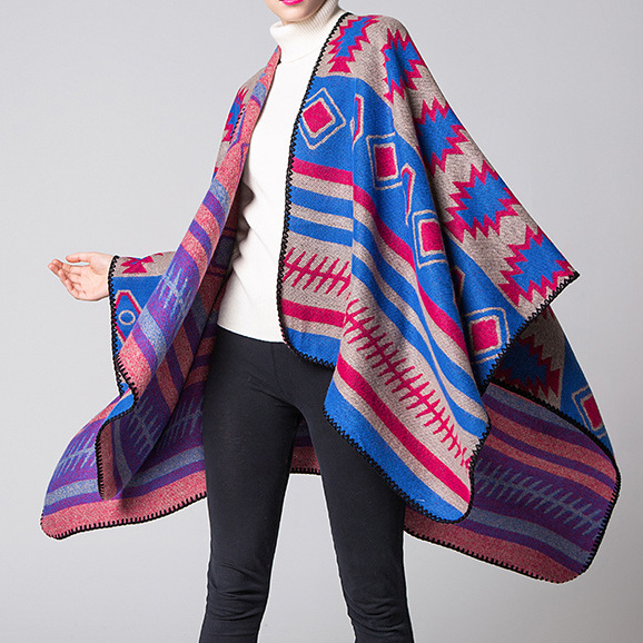 Women's Color Block Open Front Blanket Poncho Bohemian Cashmere Like Cape Thick Warm Stole Throw Poncho Wrap Shawl (SP225)