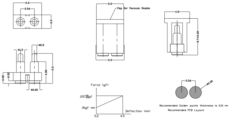 2p Flat Type Pogo Pin Connector with Housing