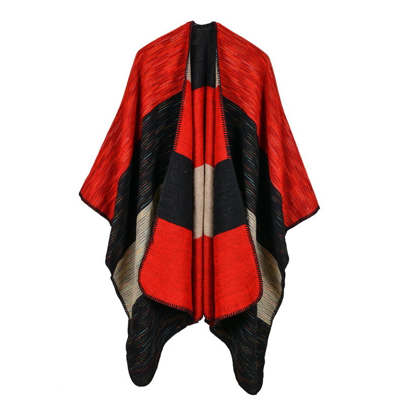 Women's Color Block Open Front Blanket Poncho Bohemian Cashmere Like Cape Thick Winter Warm Stole Throw Poncho Wrap Shawl (SP230)