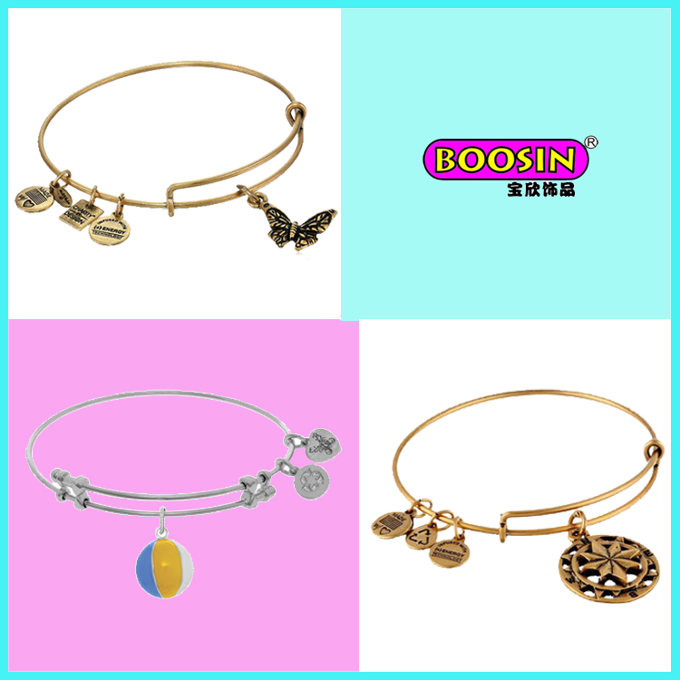 New Design Custom Logo Charm Brass Expandable Wire Bangle