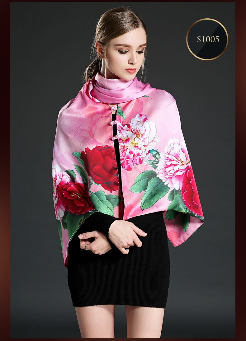 Pink Digital Printing Silk Scarf Shawl with Buttons