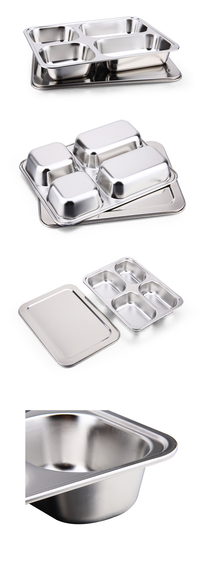 Hot Selling 4 Dividers Stainless Steel School Fast Food Lunch Tray with Lid Food Tray