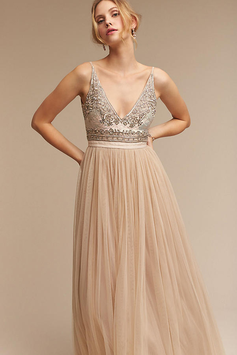 an Iridescent Beaded Bodice and Layered Tulle Romantic Evening Dress