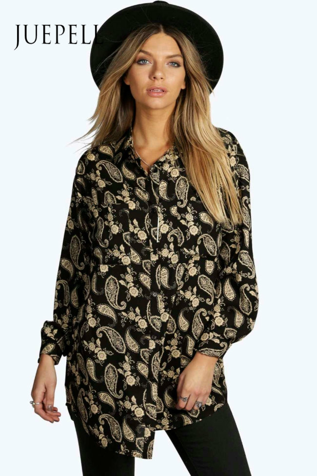 Paisley Print Long Sleeve Oversize Women Blouse