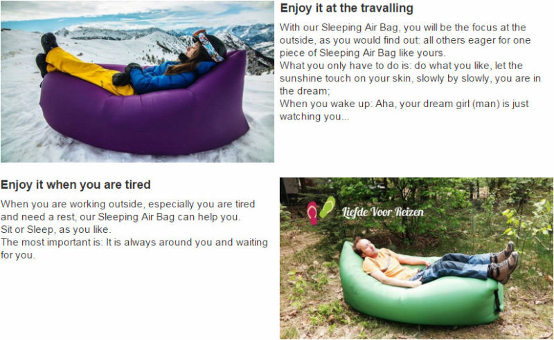 2016 New Product Nylon Lamzac Hangout Inflatable Sleeping Bag, Lamzac Inflatable Air Bag