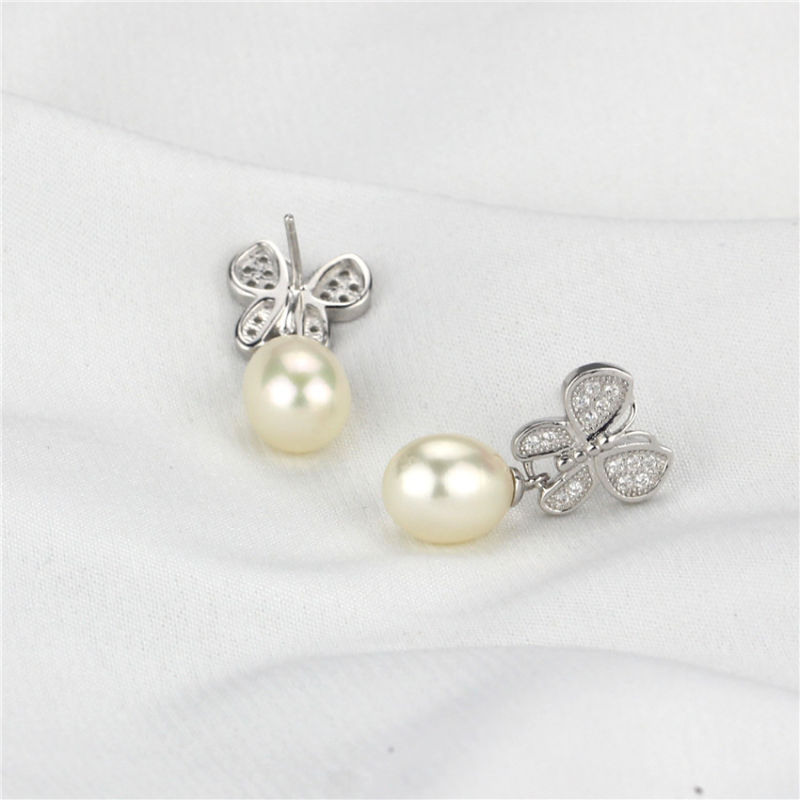 Freshwater 8-9mm AAA Serling Silver Earring White Drop 925 Silver Butterfly Pearl Earring