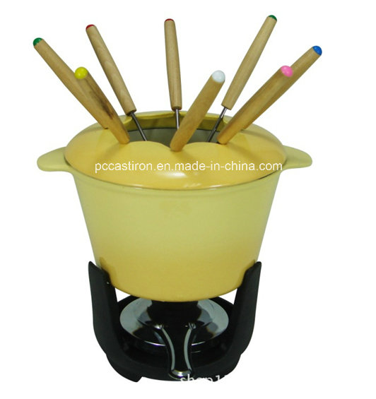 Enamel Cast Iron Cheese Fondue Set with 6 Forks