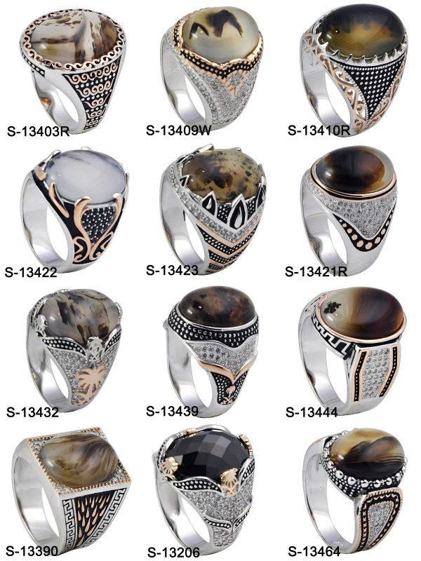 925 Silver Jewelry Zirconia Men Rings with Natural Agate.