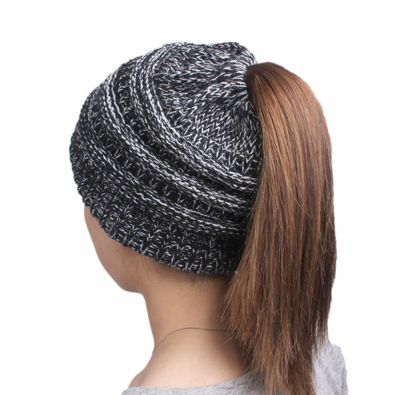 Women's Soft Stretch Cable Knitted Messy High Bun Ponytail Cap Beanie Hat (HW131)