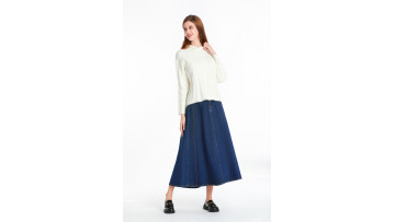 Dark Blue Midi-length Denim Skirt with a Wide Swin