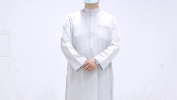 White Pattern Designed Print Muslim Islamic Kaftan Long Shirt Men Polyester1