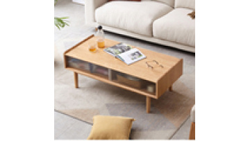 Glass sliding door solid wood coffee table modern Nordic living room home storage tea table simple log tea table1