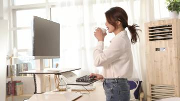 Variable height of compute desktop stand up workstation sit to stand desk riser with dual monitor arm1