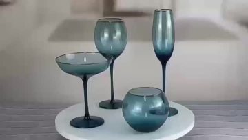 blue wine glass set with gold rim