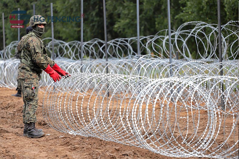 Razor barbed wire is used on battlefields and around military bases. 