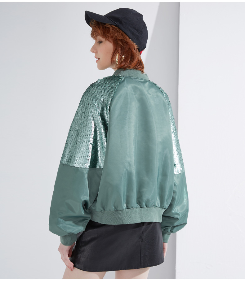 Women Zipper Sequins Baseball Jacket