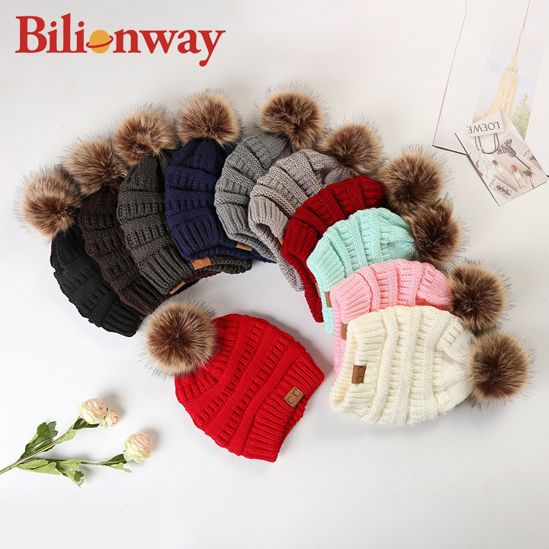 Warm Knit Pom Pom Skull Cap Beanie Hat