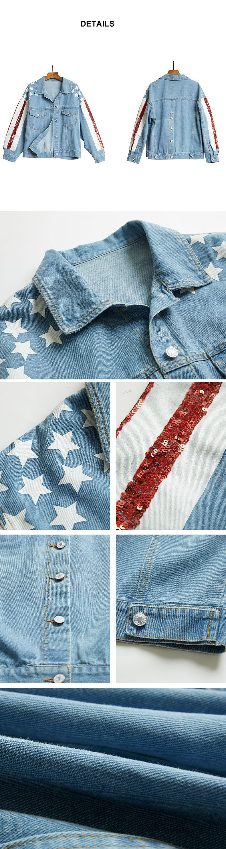 Women Sequins Patchwork Denim Jacket