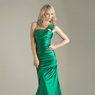 Elegant Trumpet Mermaid One-shoulder Chapel Train Satin Ruffled Beading Lace-up Evening Dress