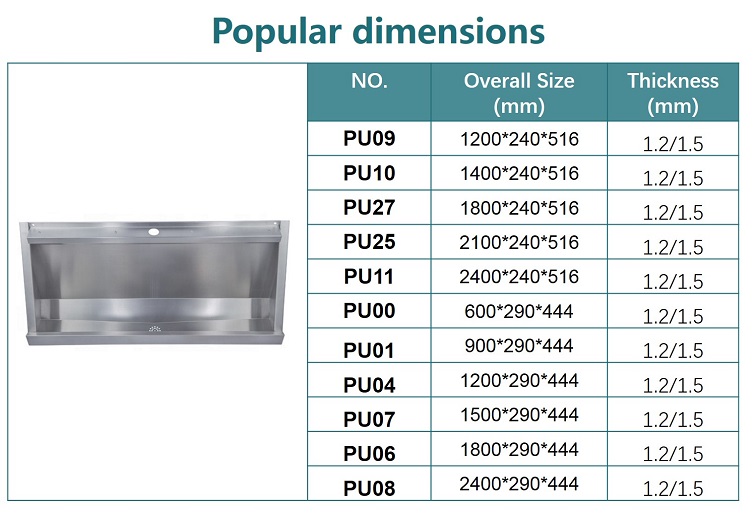 popular dimensions of urinal trough