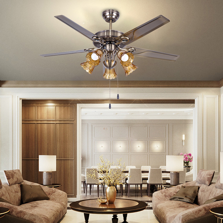 Decorative ceiling fan with bulbs in dining room