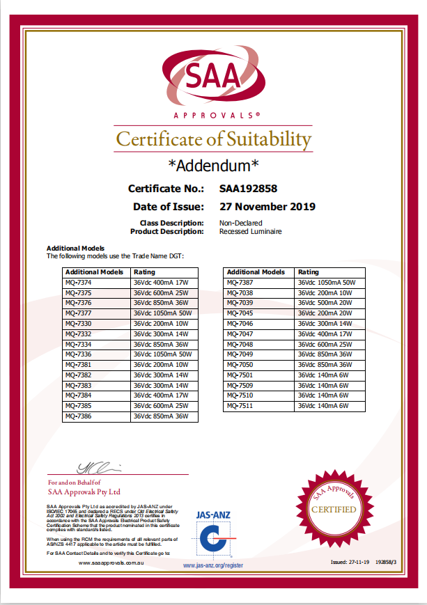 SAA certificate