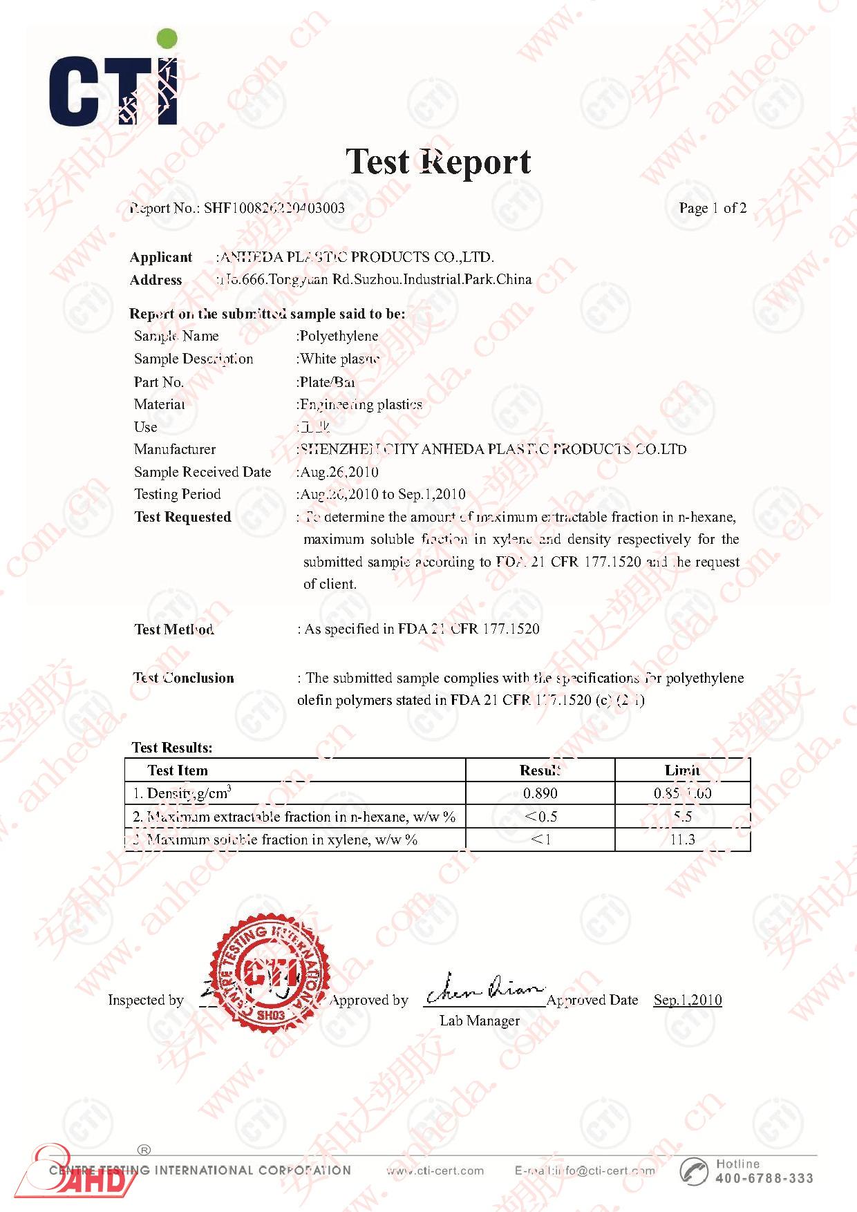 Pe Polyethylene Sheet Certification