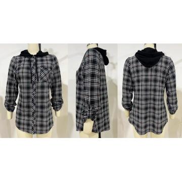 Lady's Autumn Black Checks Loose Hooded Shirt