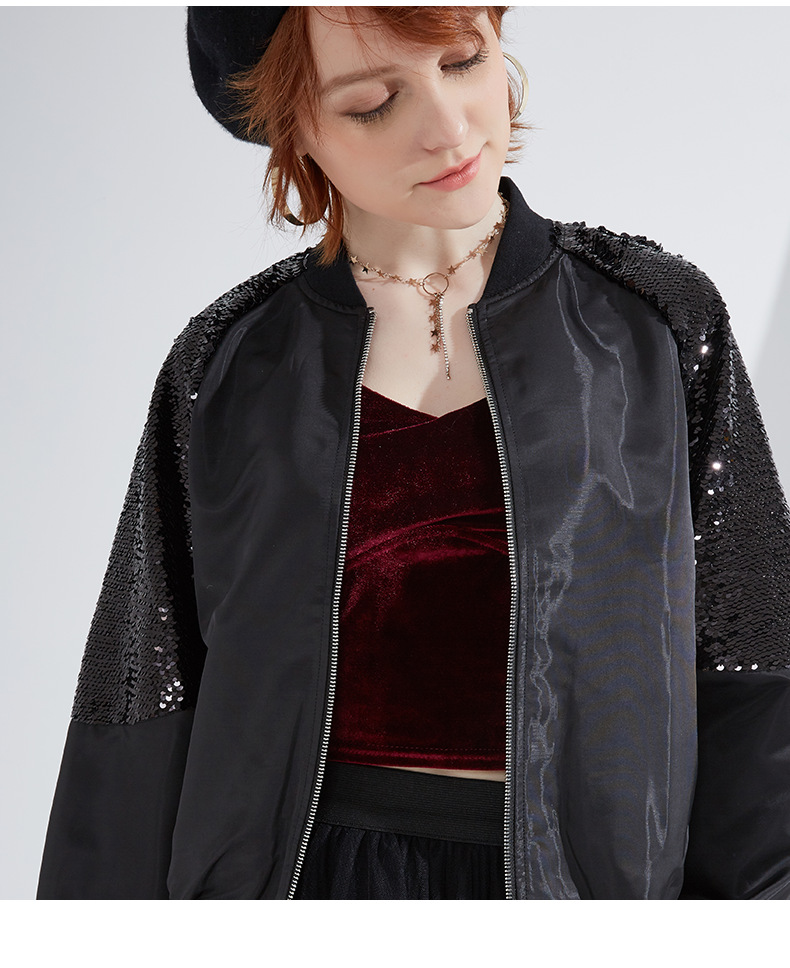 Women Zipper Sequins Baseball Jacket