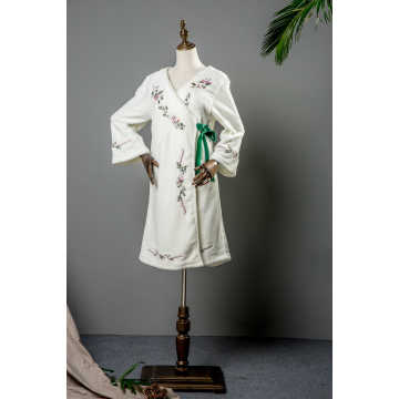 White coral fleece with full embroidery long robe