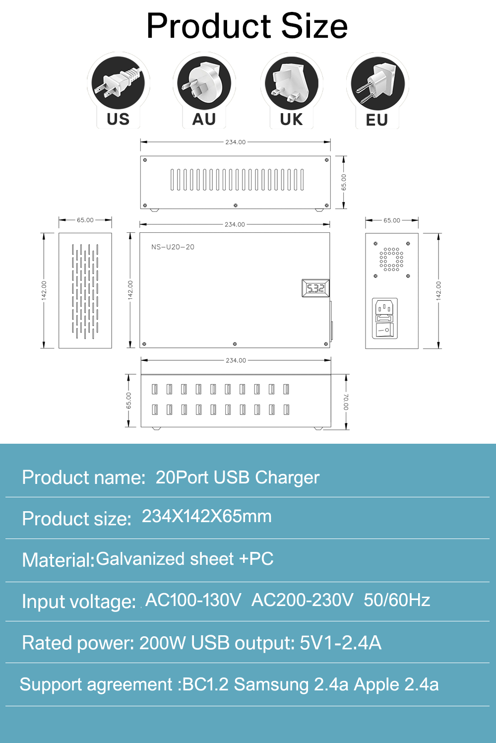 20-PORT USB FAST CHARGER Product size 