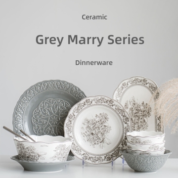 Wholesale Household Colored Design Grey Color Decal Pattern Embossed Porcelain Dinner Set Dinnerware Set