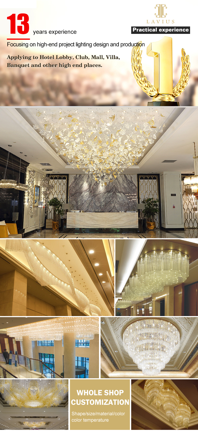 Shopping malls decoration big long hotel lobby banquet ballroom chandeliers